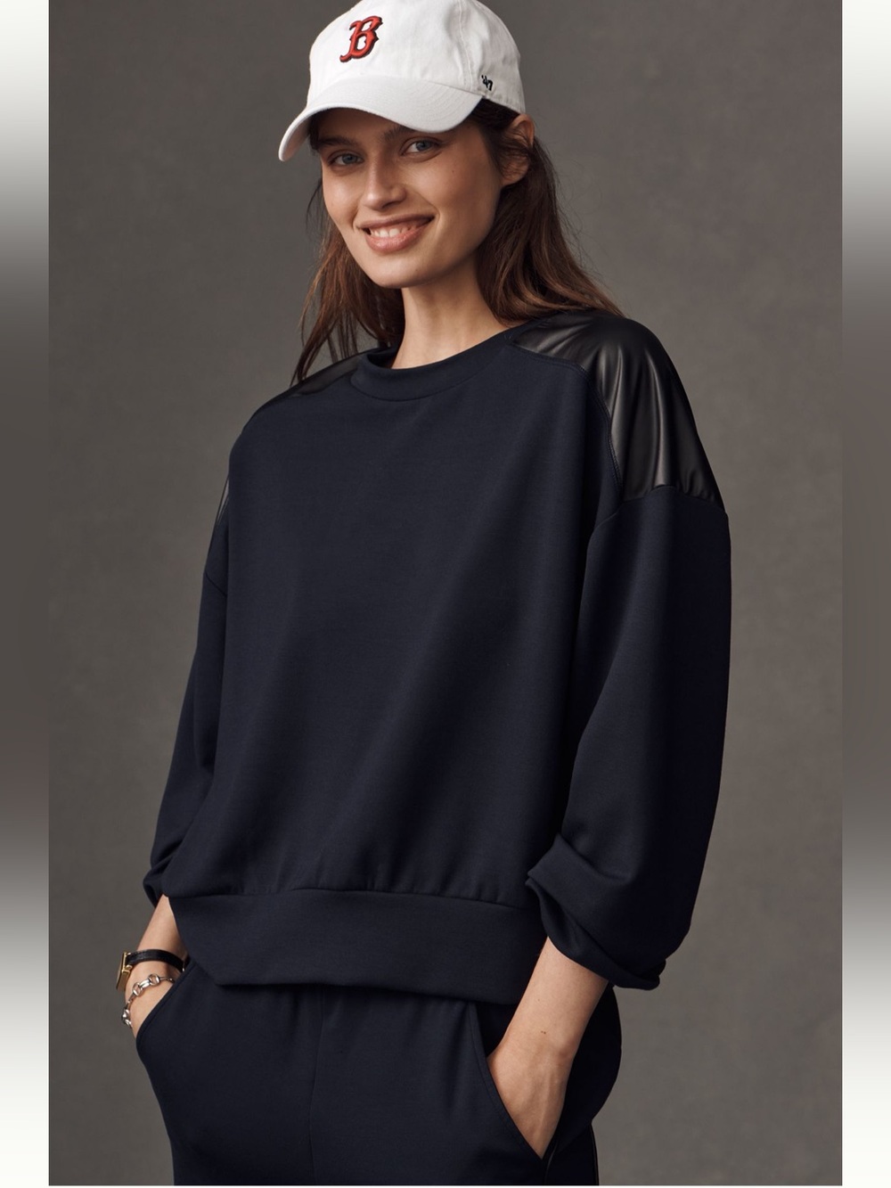 Maeve Navy Pullover Sweatshirt with Faux Leather Shoulder Panels- Size 2X - BNWT